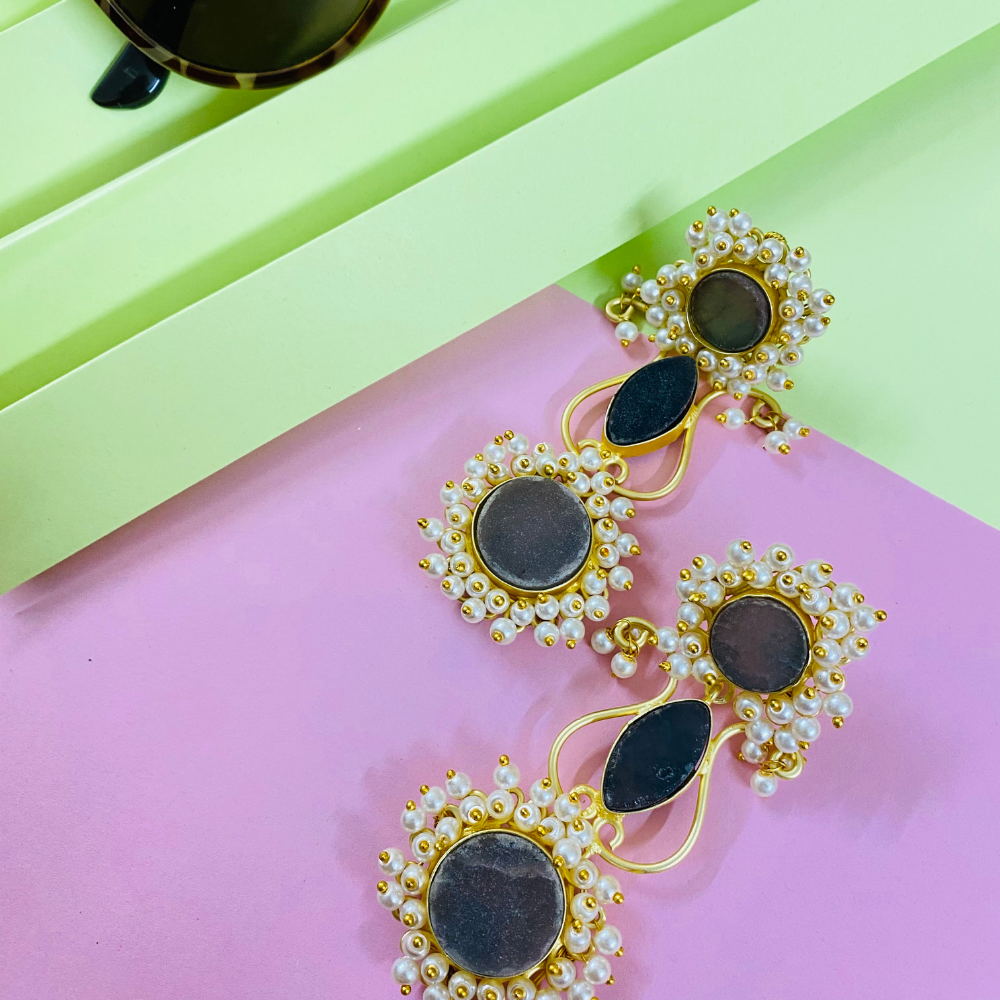 Brown & Black Druzy Stone & Pearl Brass Earrings