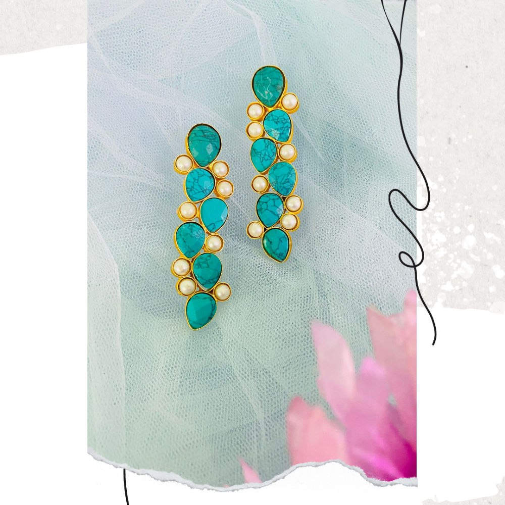 Turquoise Semi Precious Stone and Pearl Studded Earrings
