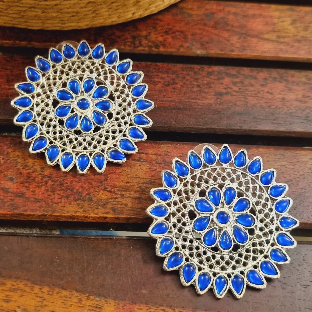 Oxidised Blue Stone Stud Earrings