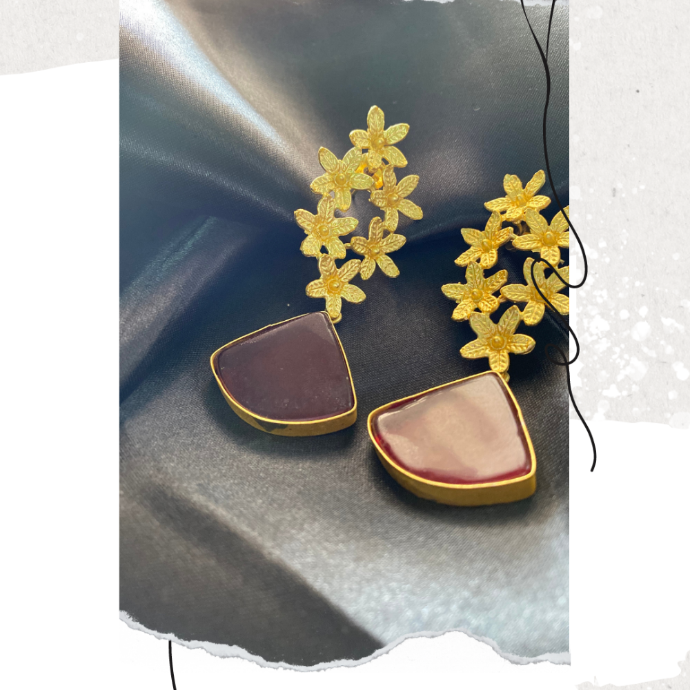 Coffee Gold Semi Precious Onyx Stone & Brass Earring